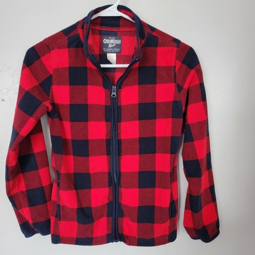 Oshkosh Big Boys 12 Red Navy Blue Check Plaid Full Zip Fleece Jacket Fall Winter
